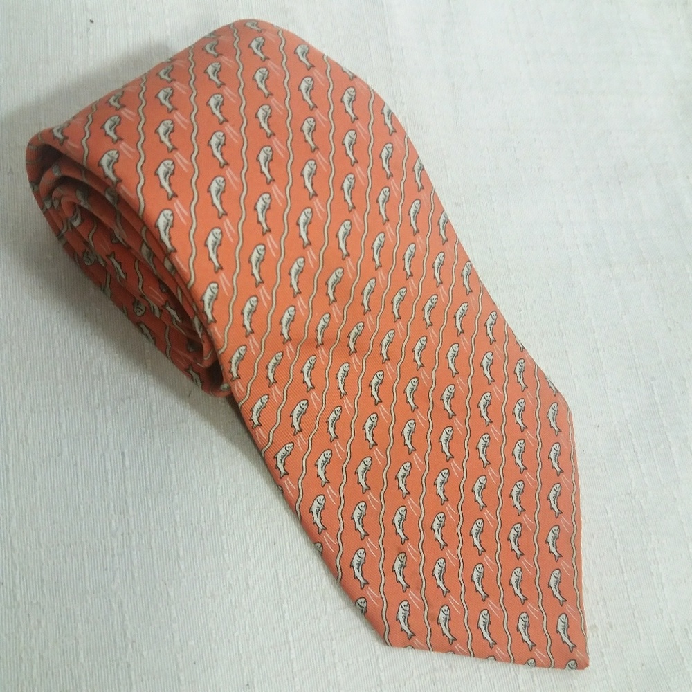 Hermès orange silk necktie 5170 IA leaping fish - Picture 1 of 5
